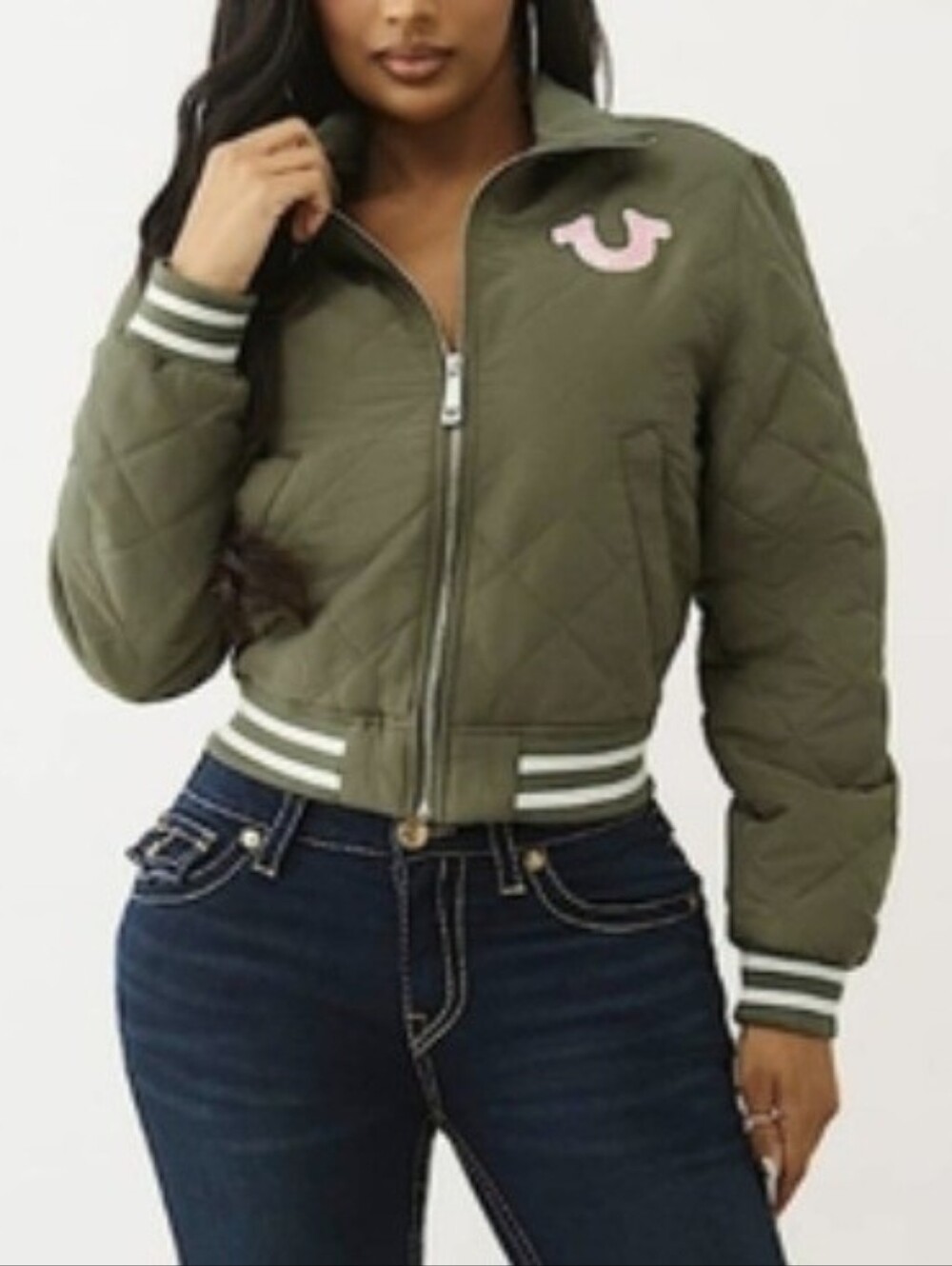 True Religion Womens Quilted ZipOlive Bomber Jacket with Stripe Trim Size XS NWT